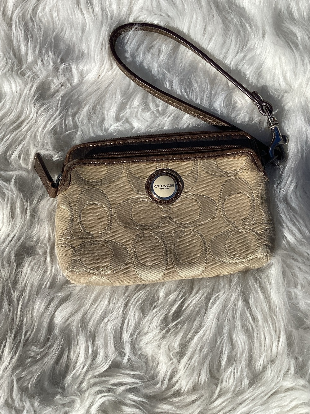Coach Signature Wristlet in Beige and Brown